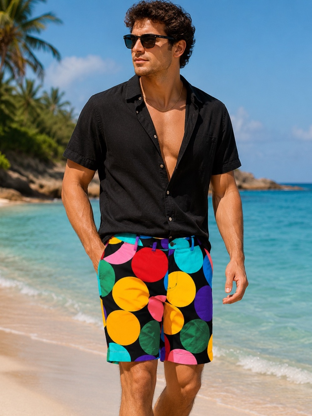 Loudmouth Men’s Flat Front Shorts - Multicolor Large Polka Dots on Black